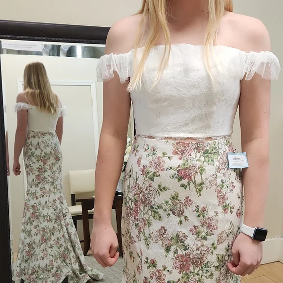 SIZE 8 white w/ pink & green floral 2 piece prom dress by Rachel Allan, no alter - Picture 2 of 13